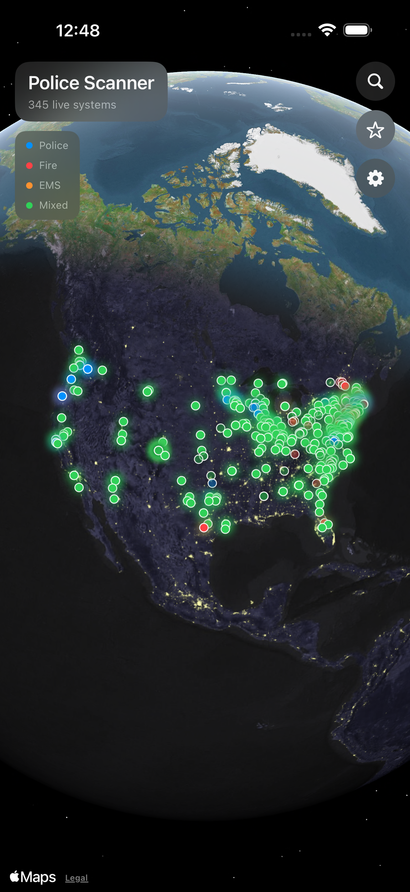 Globe home screen with glowing station dots across the US