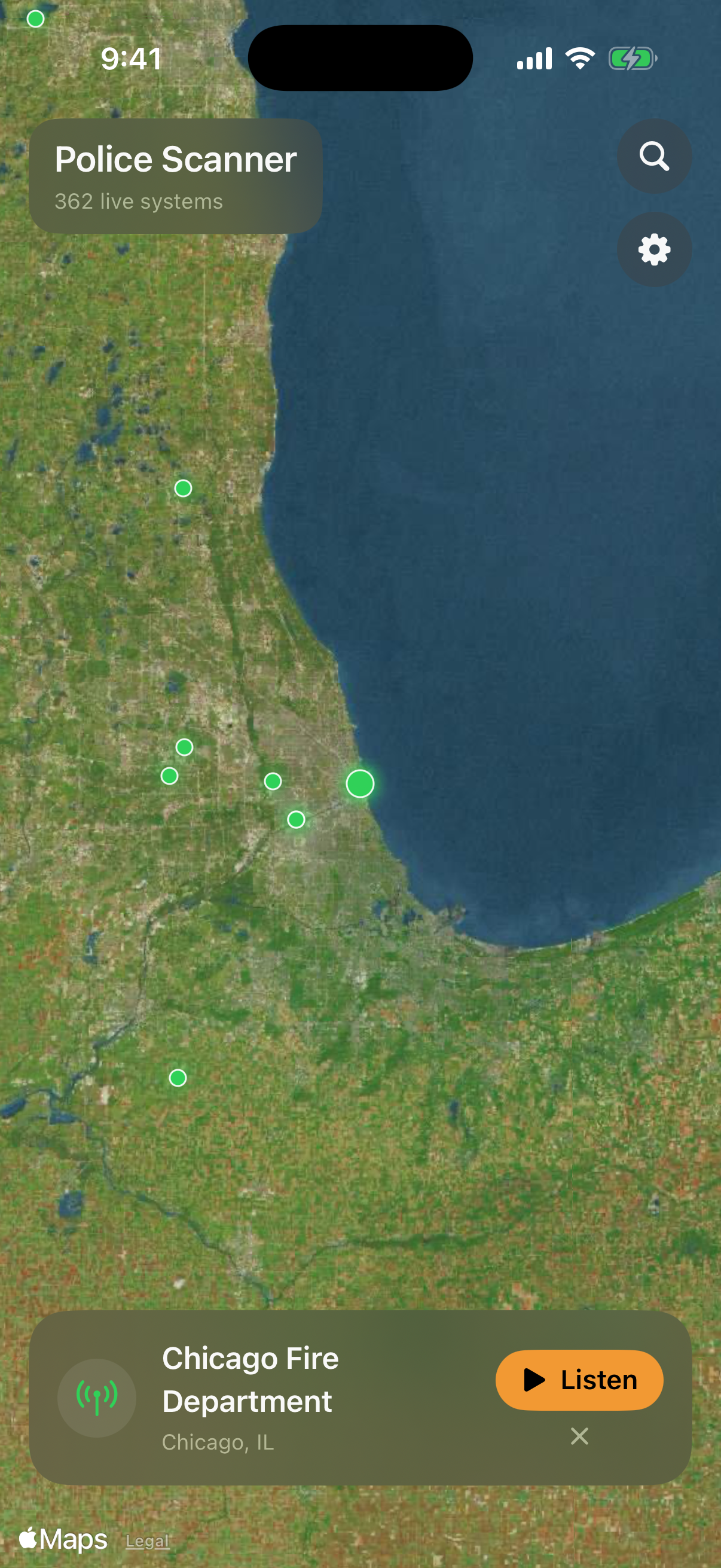 Chicago Fire Department selected on the map with a Listen button