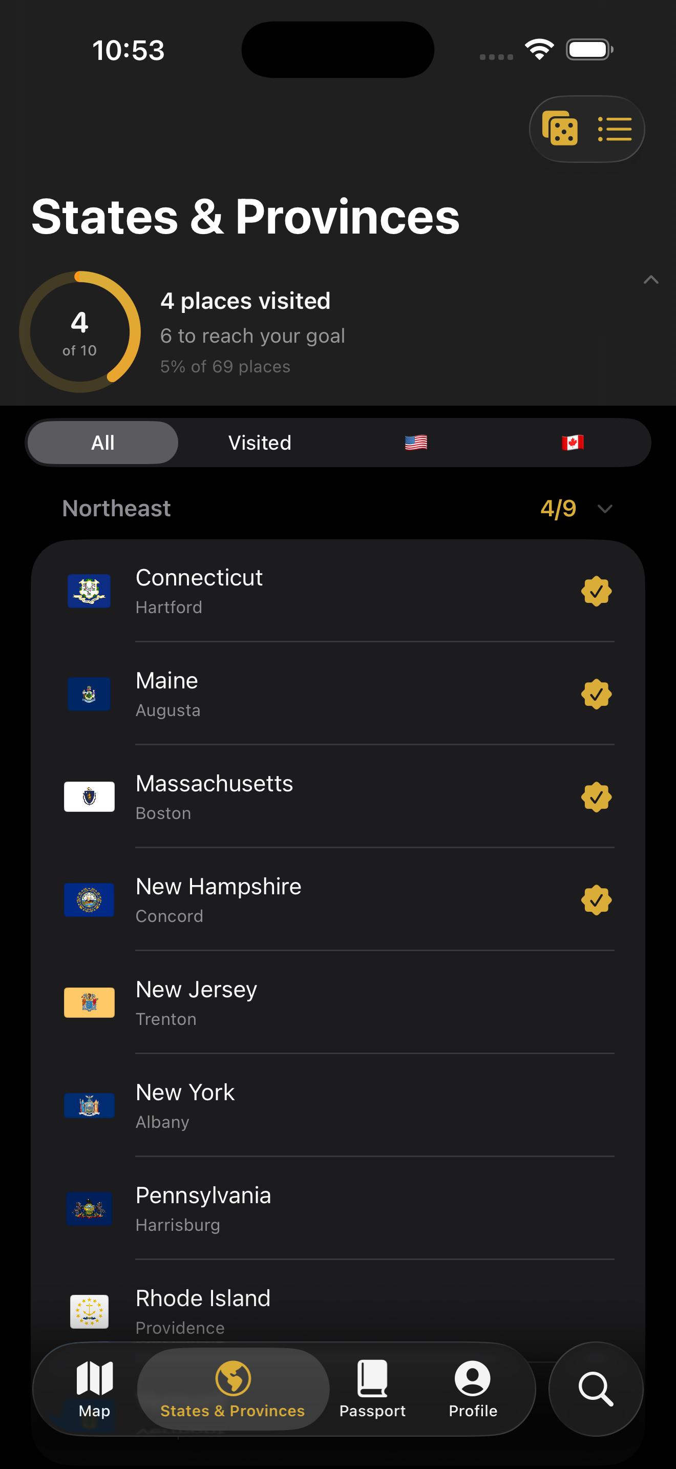 Roam America states and provinces list