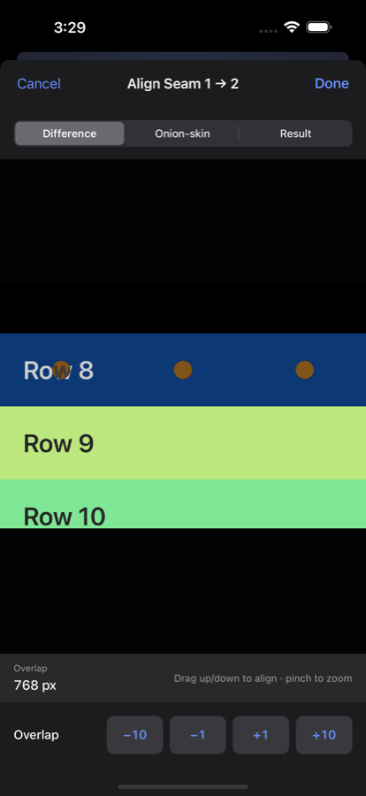 The seam editor's Difference view