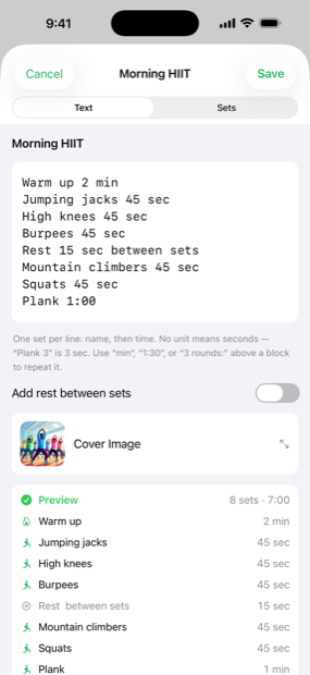 Typing a workout as plain text